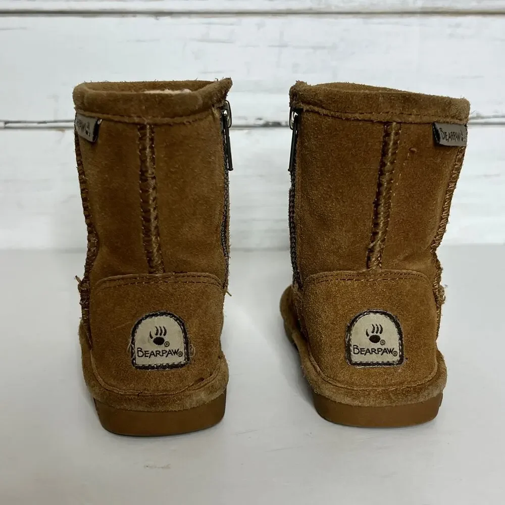 Bearpaw Toddler Suede Boots Size 7 Brown Zip Side Shearling Lined Winter